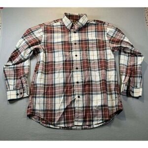 Orvis Mens Large Plaid Shirt Signature Twill Button Down Burgundy Blue Cotton